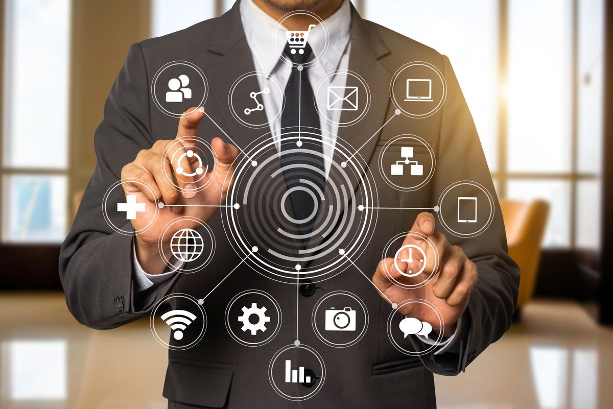 Digital marketing media in virtual globe shape diagram.success businessman open his hand,working touch screen computer,front view Digital marketing media in virtual globe shape diagram.success businessman open his hand,working touch screen computer,front view